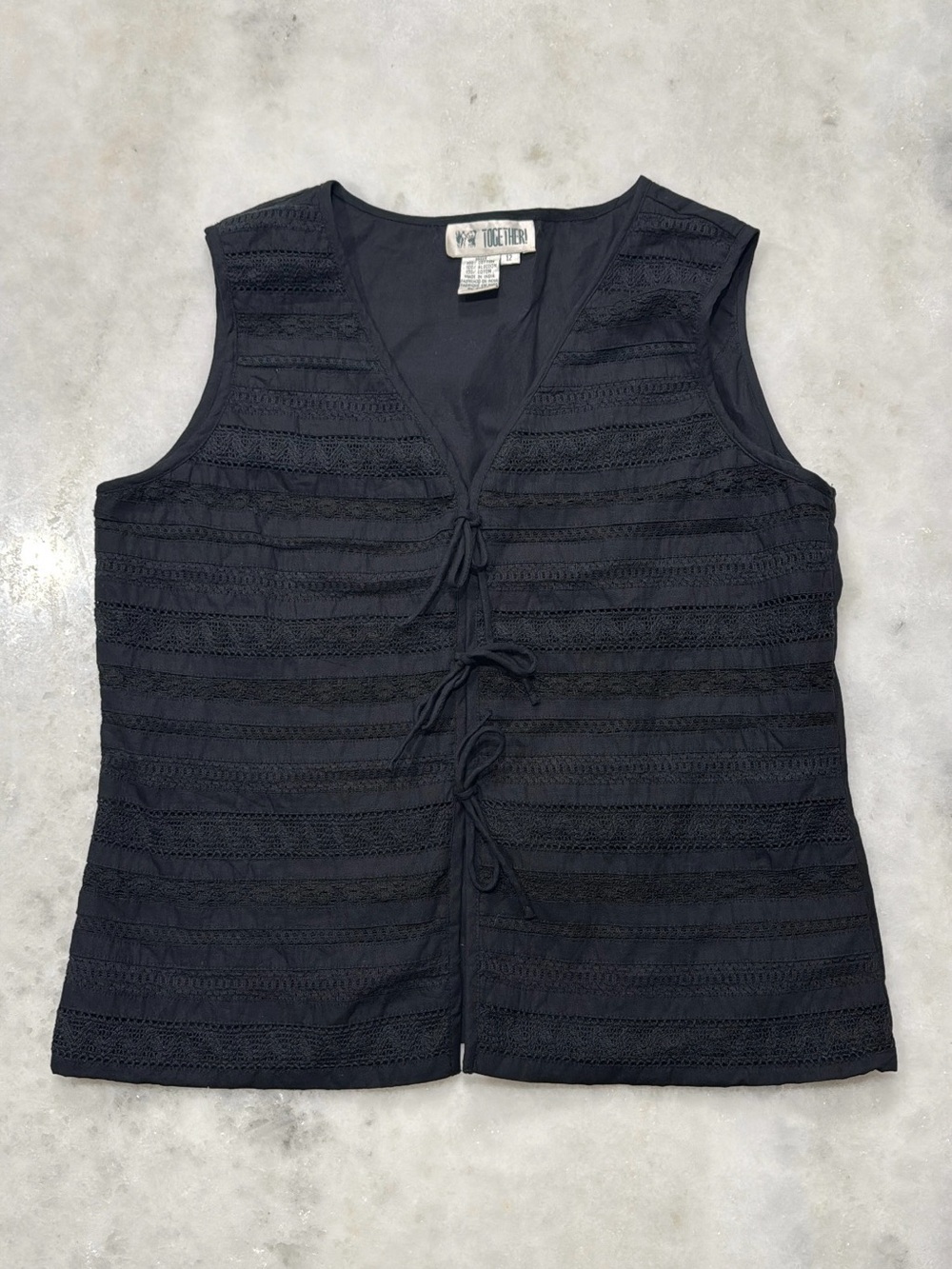 Vintage TOGETHER! Black Lace Tie Front Vest Sleeveless Top Boho Grunge L